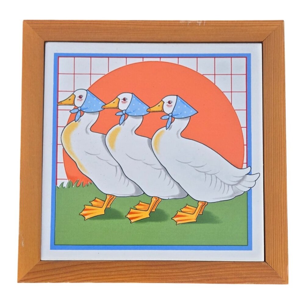 Vintage Country Goose with Blue Bonnet Ceramic Tile Wood Frame Wall Art Duck